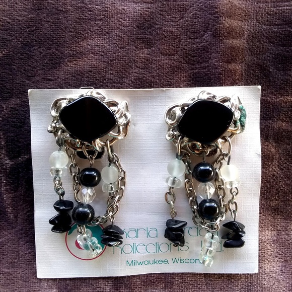 Vintage Boho Black Glass Dangle Earrings - Picture 1 of 5